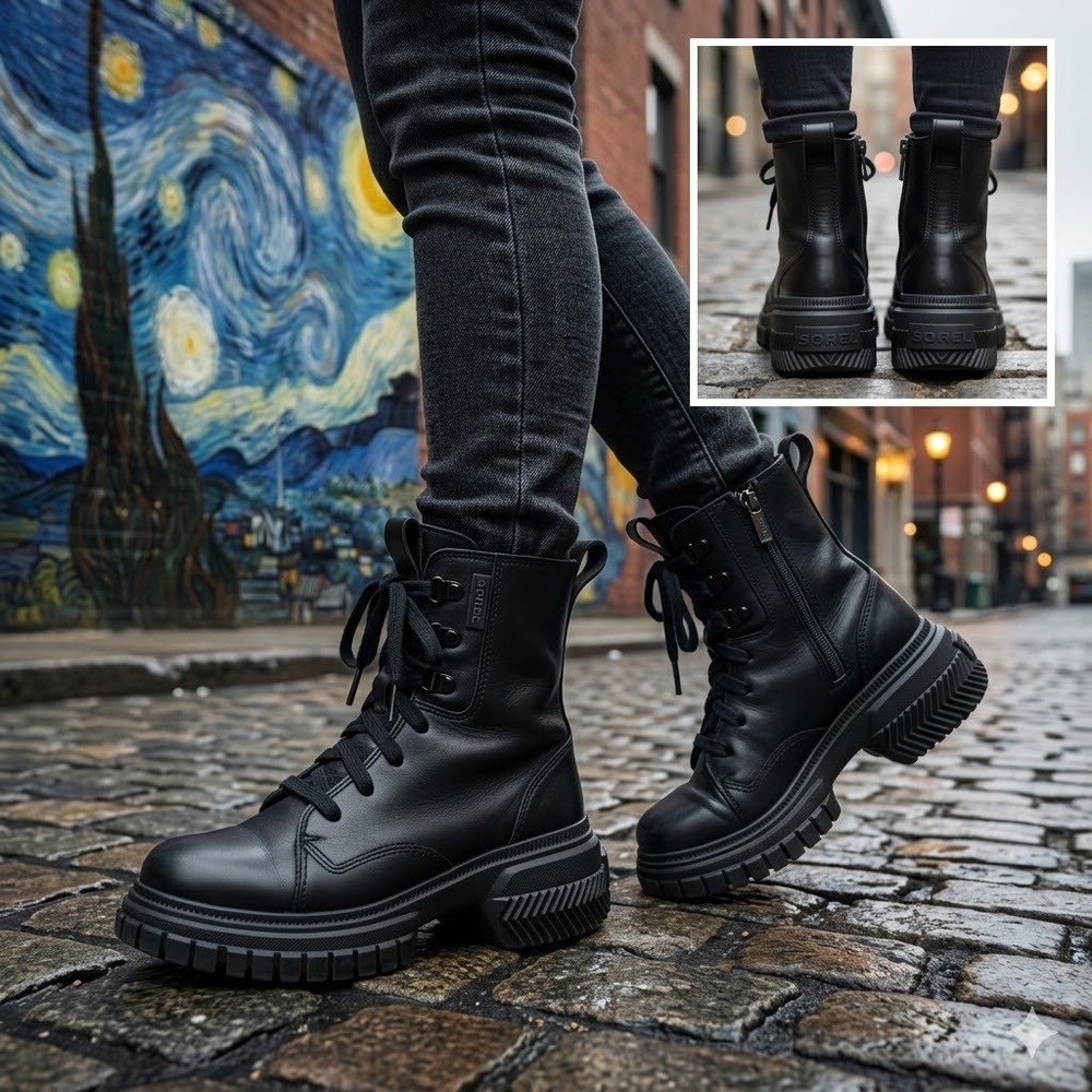 Sorel Brex Boot Lace Black Waterproof Leather Combat Boots NL5141-010 Womens 6.5